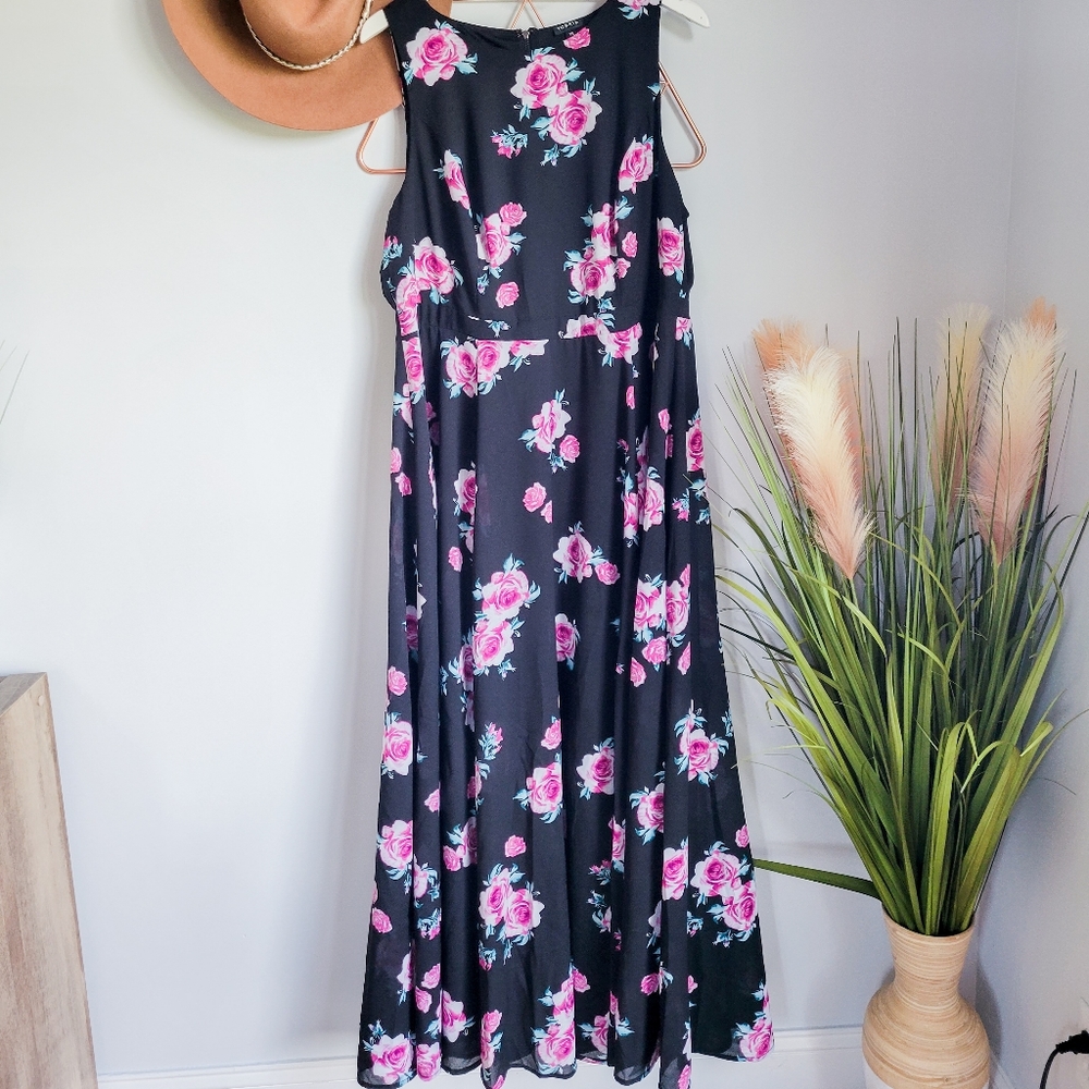Torrid, Black Pink Floral Rose Georgette Sleeveless Maxi Chiffon Dress, 18 - Picture 2 of 9